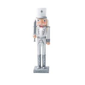 Nutcracker Christmas Decoration Wood Soldier 30cm/11.8in Ornament Glitter Traditional Table Top Party Xmas Gift Silver King