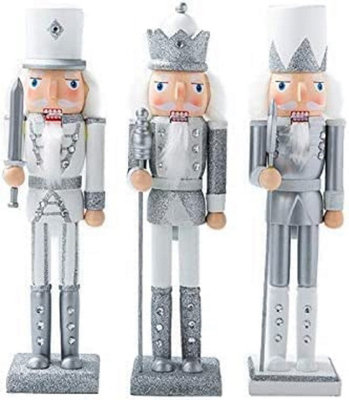 Nutcracker Christmas Wood Soldier 30cm/11.8in King Drum Ornament Glitter Royal Jacket Figures Crown Table Top Xmas Silver Price Comparisons | Compare The Build