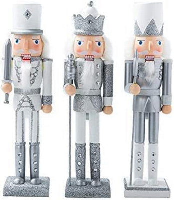 Nutcracker Christmas Wood Soldier 30cm/11.8in King Drum Ornament Glitter Royal Jacket Figures Crown Table Top Xmas Silver