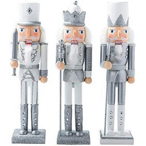 Nutcracker Christmas Wood Soldier 30cm/11.8in King Drum Ornament Glitter Royal Jacket Figures Crown Table Top Xmas Silver