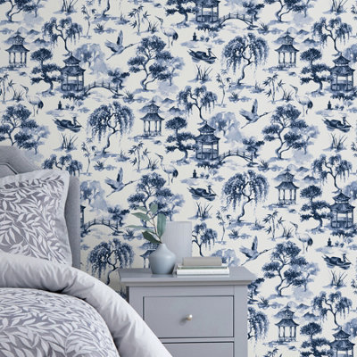 NuWallpaper NHS4768 Oriental Scene Peel & Stick Wallpaper, Navy