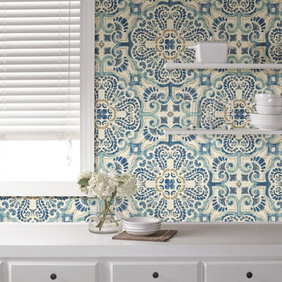 NuWallpaper Black Florentine Tile Peel & Stick Wallpaper - Faux Tile, 20.5" X 18' Roll