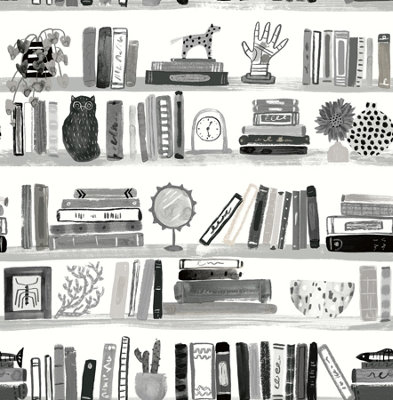 NuWallpaper NUS4537 Painterly Shelf Stories Novelty Peel & Stick Wallpaper, Black