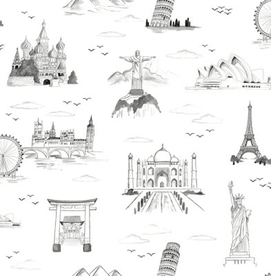 NuWallpaper NUS4554 Landmark Travelers Toille Novelty Peel & Stick Wallpaper, Black