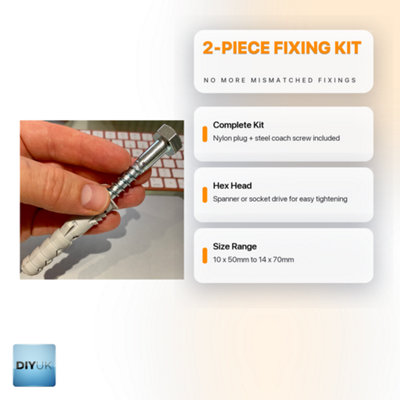 Nylon Wall Plug & Hex Coach Screw Fixing Kit 10x50mm ( Pack of: 10 ...