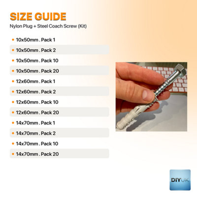 Nylon Wall Plug & Hex Coach Screw Fixing Kit 10x50mm ( Pack of: 10 ...
