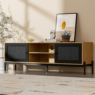 Oak and Rattan Effect TV Stand Unit Cabinet with Double Doors