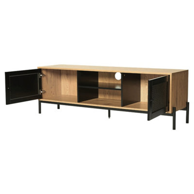 Oak and Rattan Effect TV  Stand Unit Cabinet with Double Doors