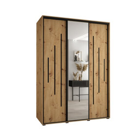 Oak Artisan Mirrored Cannes XIII Sliding Wardrobe H2050mm W1700mm D600mm with Custom Black Steel Handles and Decorative Strips