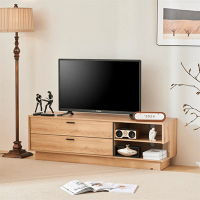 Oak colored TV Stand for 60 inch TV Two Drawers and Two Open Storage Spaces Modern