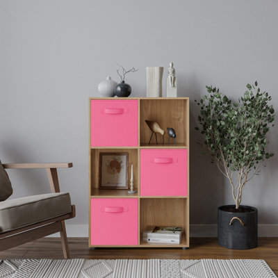 Oak, Dark Pink - 6-Cube Shelving Unit With Non Woven Inserts