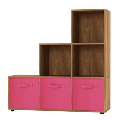 Oak, Dark Pink - 6-Cube Step Shelving Unit With Non Woven Inserts