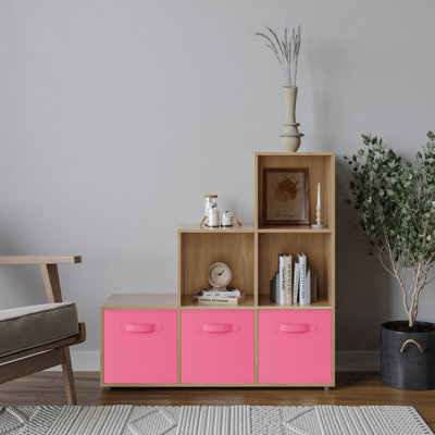 Oak, Dark Pink - 6-Cube Step Shelving Unit With Non Woven Inserts