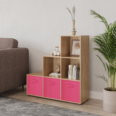 Oak, Dark Pink - 6-Cube Step Shelving Unit With Non Woven Inserts