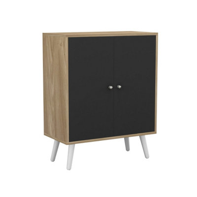 Oak Effect 60cm Storage Cabinet w/ Shelf and 2 Black Doors on White Legs