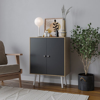 Oak Effect 60cm Storage Cabinet w/ Shelf and 2 Black Doors on White Legs