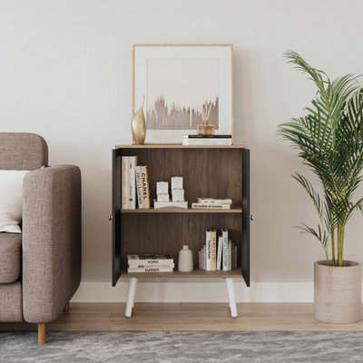 Oak Effect 60cm Storage Cabinet w/ Shelf and 2 Black Doors on White Legs