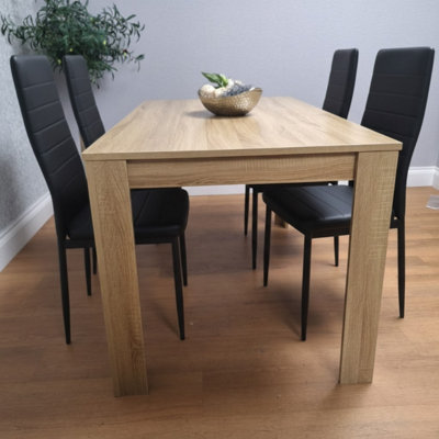 Oak Effect Dining Table Set With 4 Black Faux Leather Chairs Dining ...