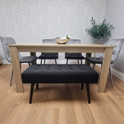Oak Effect Dining Table Set With 4 Grey Velvet Chairs And Black Velvet ...