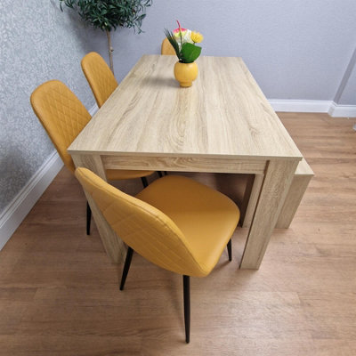 Oak Effect Dining Table Set With 4 Mustard Gem Pattern Chairs And Bench ...