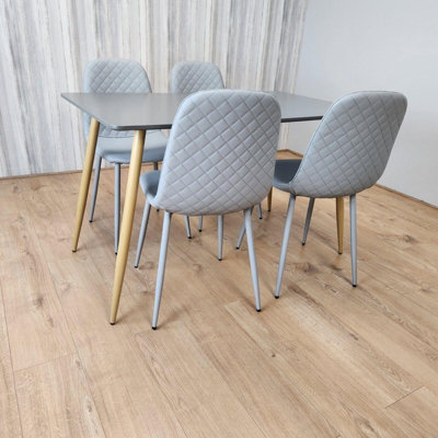 Oak Effect Dining Table with 4 Grey Leather Chairs and Bench Dining Room