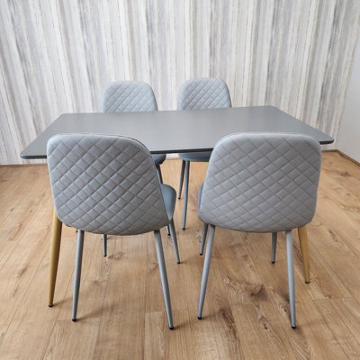 Oak Effect Dining Table with 4 Grey Leather Chairs and Bench Dining Room