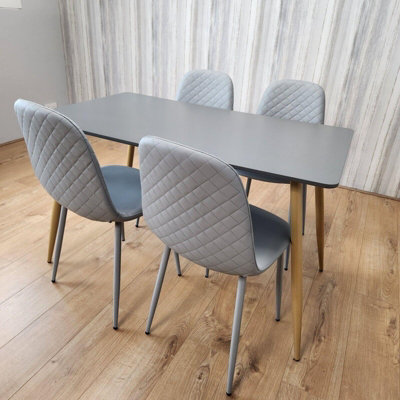 Oak Effect Dining Table with 4 Grey Leather Chairs and Bench Dining Room