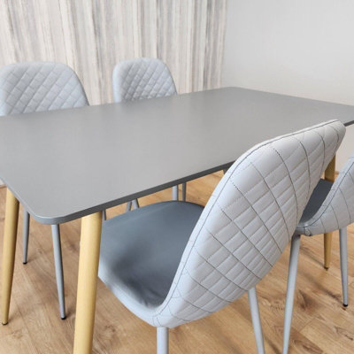Oak Effect Dining Table with 4 Grey Leather Chairs and Bench Dining Room