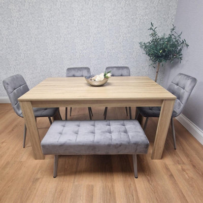 Oak Effect Dining Table With 4 Grey Velvet Chairs And 1 Grey Bench ...