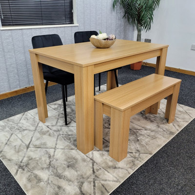 Oak Effect Kitchen Dining Table, 2 Black Tufted Velvet Chairs and 1 Bench Dining Set