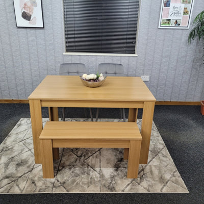 Oak Effect Kitchen Dining Table, 2 Grey Tufted Velvet Chairs and 1