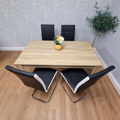 Oak Effect table with 4 Black Faux Leather Chairs Dining Furniture