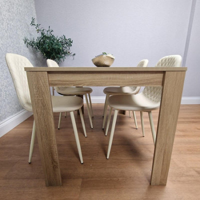 Oak Effect Wood Dining Table with 4 Cream Gem Pattern Faux Leather Chairs
