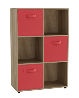 Oak, Red - 6-Cube Shelving Unit With Non Woven Inserts