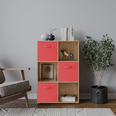 Oak, Red - 6-Cube Shelving Unit With Non Woven Inserts