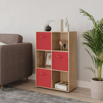 Oak, Red - 6-Cube Shelving Unit With Non Woven Inserts