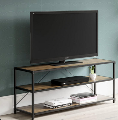 Oak Style TV Stand with Matt Black Industrial Detailing 580mm H x 1200mm W x 395mm D