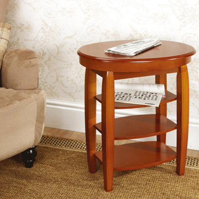 Oak Tone Swivel Top Table - Wooden Multipurpose Side Table with 3 Shelves & 360 Rotating Tabletop Tray - H61 x W56 x D39cm