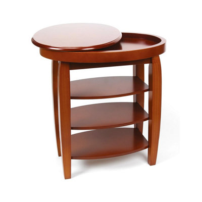 Oak Tone Swivel Top Table - Wooden Multipurpose Side Table with 3 Shelves & 360 Rotating Tabletop Tray - H61 x W56 x D39cm