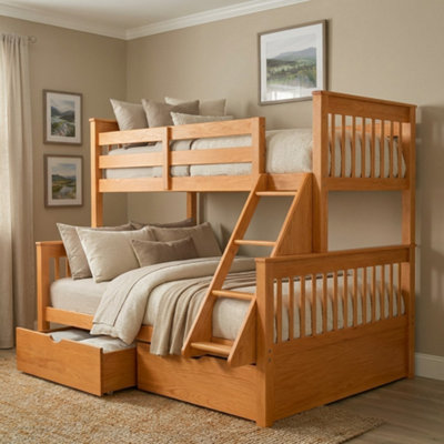 Oak Triple Bunk Bed Sonic Single Over Double 3 Sleeper with Storage Drawers
