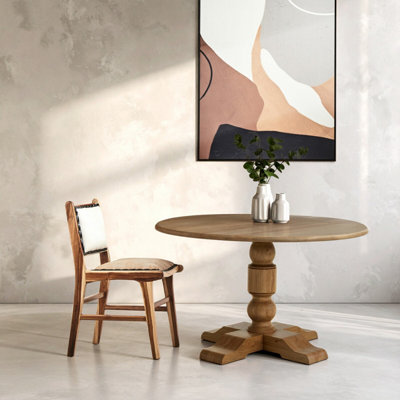 Oak Wood Natural Round Dining Table, Dining Room Table with Carved Base ...