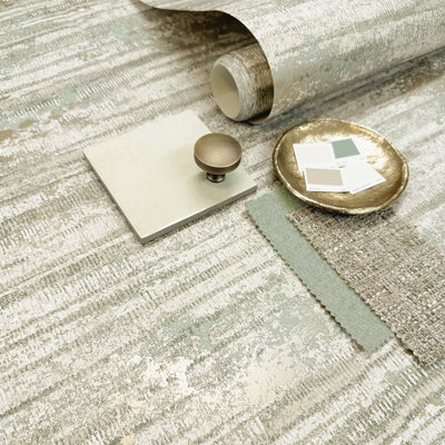 Oakah Sage Green Wallpaper Metallic Gold Shimmer Smooth Finish Feature Wall