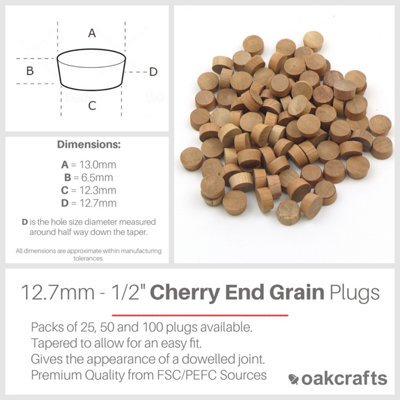 Oakcrafts - 1/2" - 12.7mm Cherry Flat Head End Grain Plug - Pack of 50