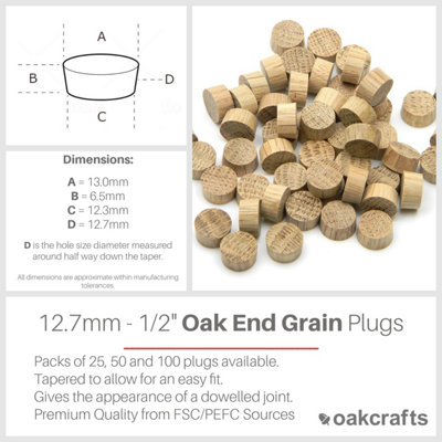 Oakcrafts - 12.7mm - 1/2" Oak Flat Head End Grain Plug - Pack of 100