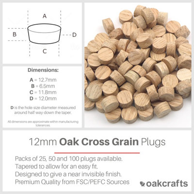 Oakcrafts - 12mm Oak Flat Head Cross Grain Plug - Pack of 100