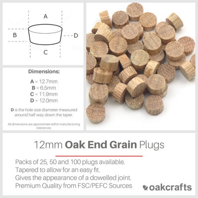 Oakcrafts - 12mm Oak Flat Head End Grain Plug - Pack of 100