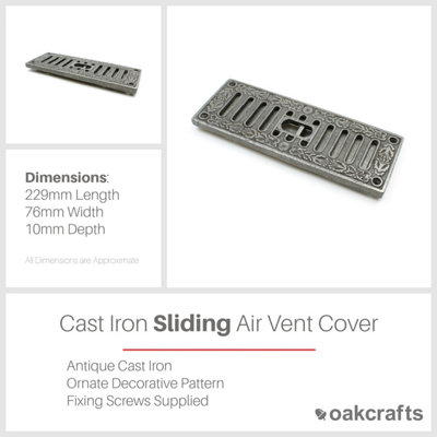 Oakcrafts - Antique Cast Iron Adjustable Sliding DALTON Air Vent - 229mm x 76mm