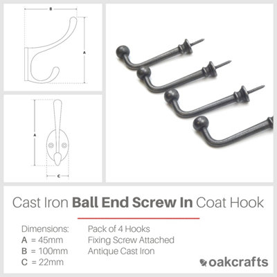 Oakcrafts Antique Cast Iron Ball End Screw In Coat Hook Pack of 4 Hooks