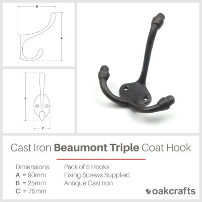 Oakcrafts - Antique Cast Iron Coat Beaumont Triple Coat Hook 90mm - Pack of 5 Hooks