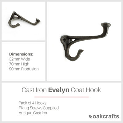 Oakcrafts - Antique Cast Iron EVELYN Hall Stand Hat & Coat Hook 100mm - Pack of 4 Hooks